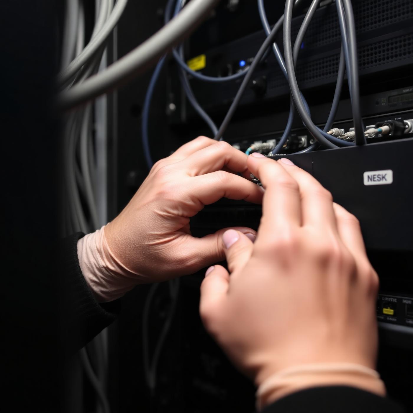 Technician working on network switch cabling in a server closet